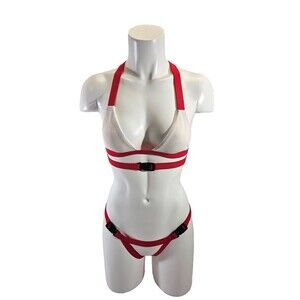 MDS Women's S Frankies Bikinis Devon Top & Bottom White & Red Swimsuit 2 Pc Set
